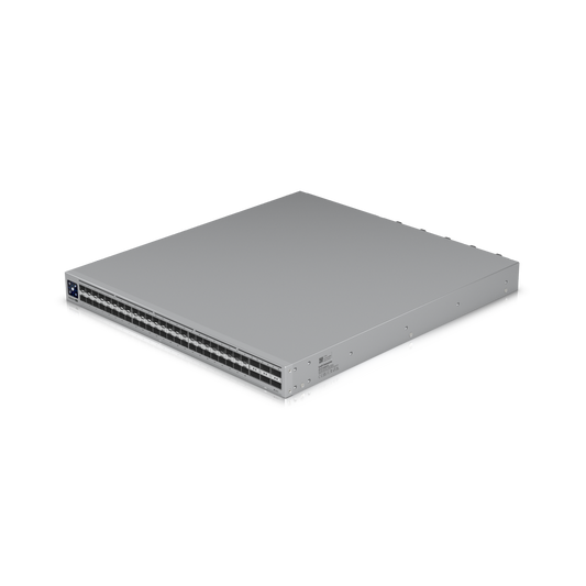 Angled top-down view of the Ubiquiti ECS Aggregation Switch showing port layout, power inputs, and chassis detail.
