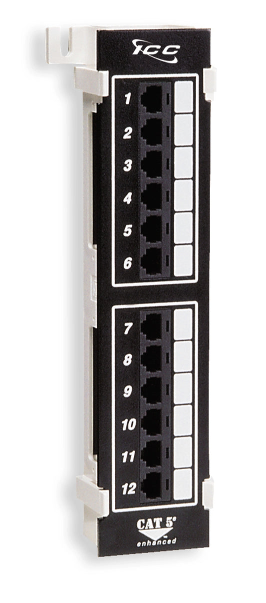 ICC CAT5e 12-port vertical patch panel with labeled ports