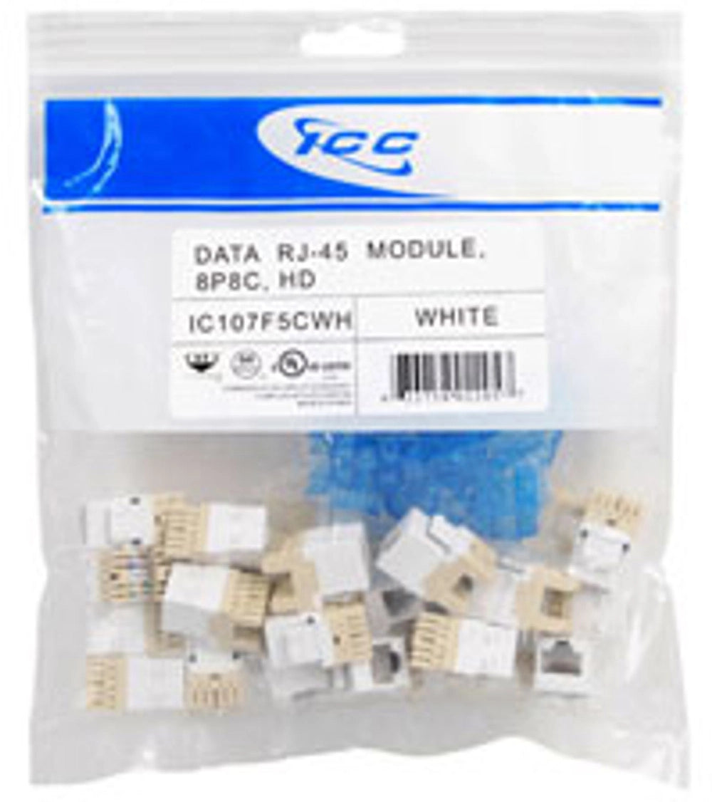 ICC CAT5e HD modular keystone jacks 25-pack in white with resealable packaging