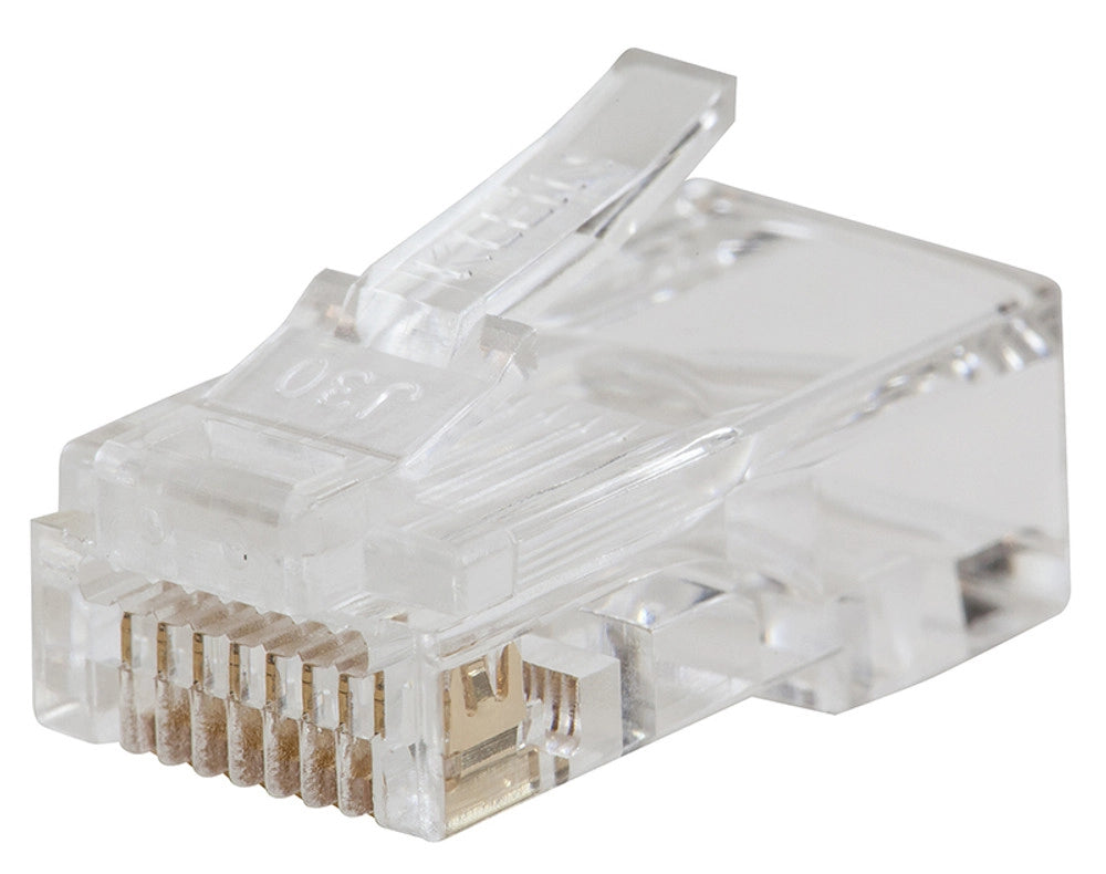 Close-up of Klein Tools RJ45 Cat6 pass-thru plugs showing gold-plated contacts