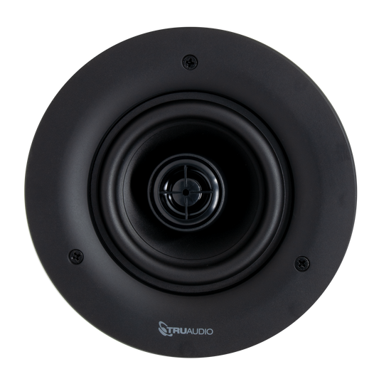 Front view of the LFR 4" in-ceiling speaker with magnetic round grille