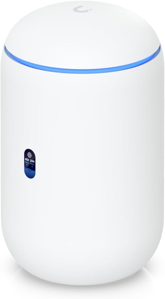 Front view of Ubiquiti Dream Machine showing LED status ring and clean enclosure design