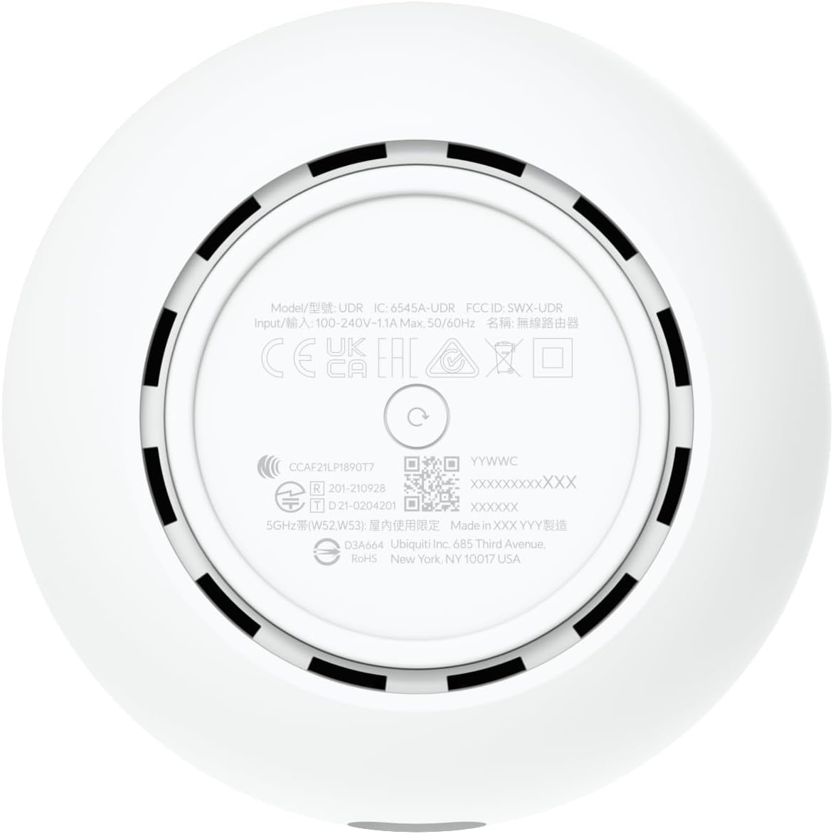 Bottom view of Ubiquiti Dream Machine showing specifications and clean enclosure design