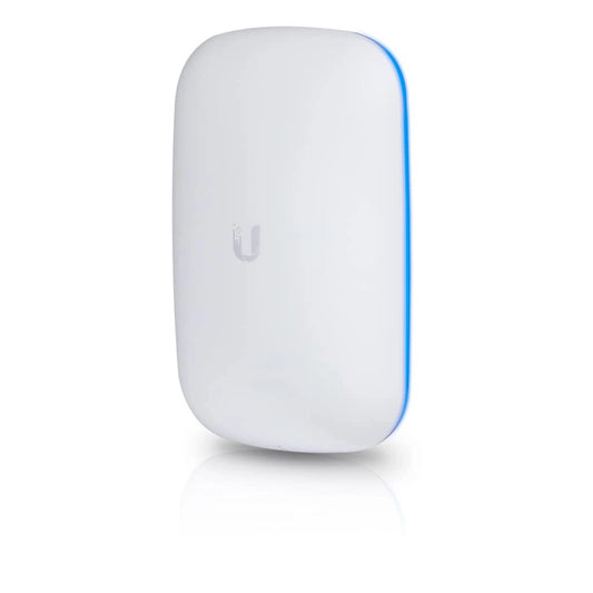 Ubiquiti UniFi BeaconHD plugged into wall outlet with sleek white design