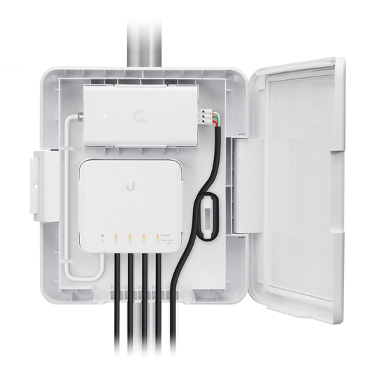 USW-Flex-Utility mounted on exterior wall powering UniFi Switch Flex in outdoor setup