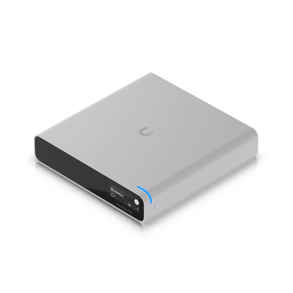 Ubiquiti UniFi Cloud Key Gen2 Plus front view with LCD status screen
