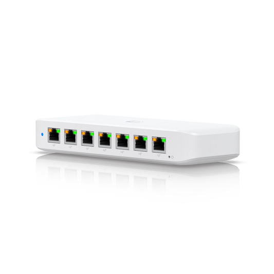 Ubiquiti USW-Ultra front view showing 8 Gigabit ports with PoE and data indicators
