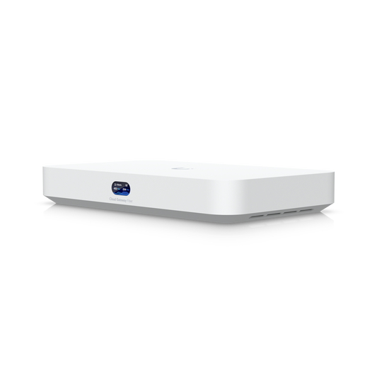 Angled front view of Ubiquiti Cloud Gateway Fiber UCG-Fiber 30W with status display