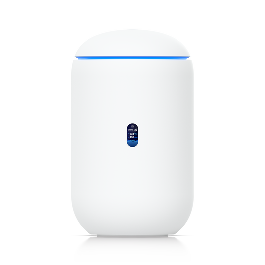 Ubiquiti UniFi Dream Router 7 (UDR7) is a cylindrical white and blue wireless internet router.
