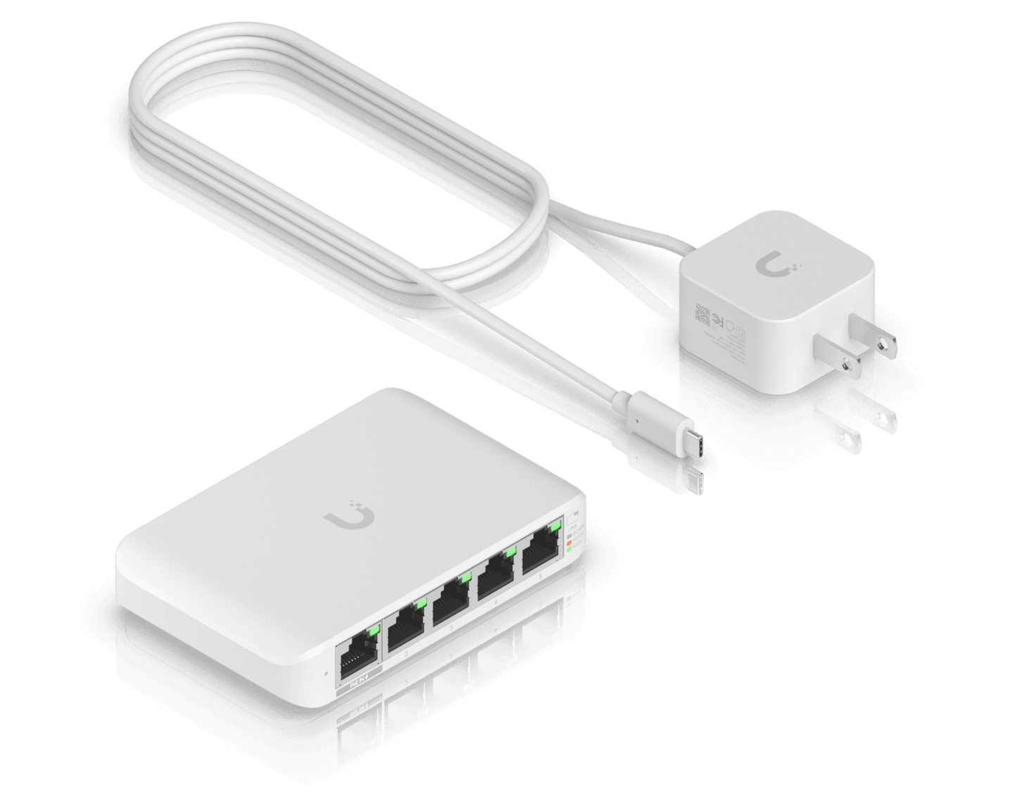 Ubiquiti Flex Mini switch with USB-C power adapter and accessories