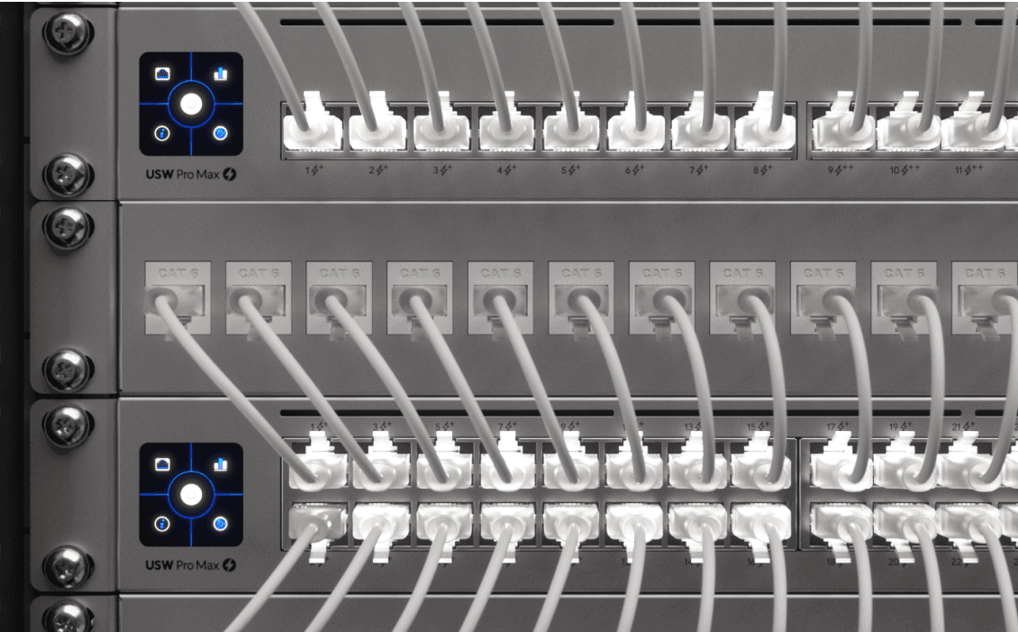 Ubiquiti Etherlighting Patch Cables connected to a UniFi patch panel