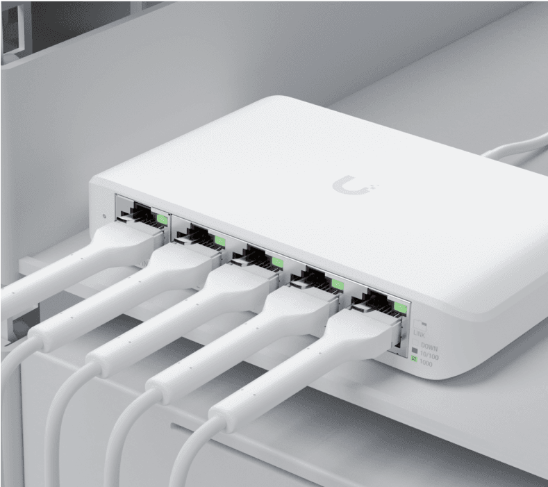 Side angle view of USW-Flex-Mini showing five RJ45 Ethernet ports