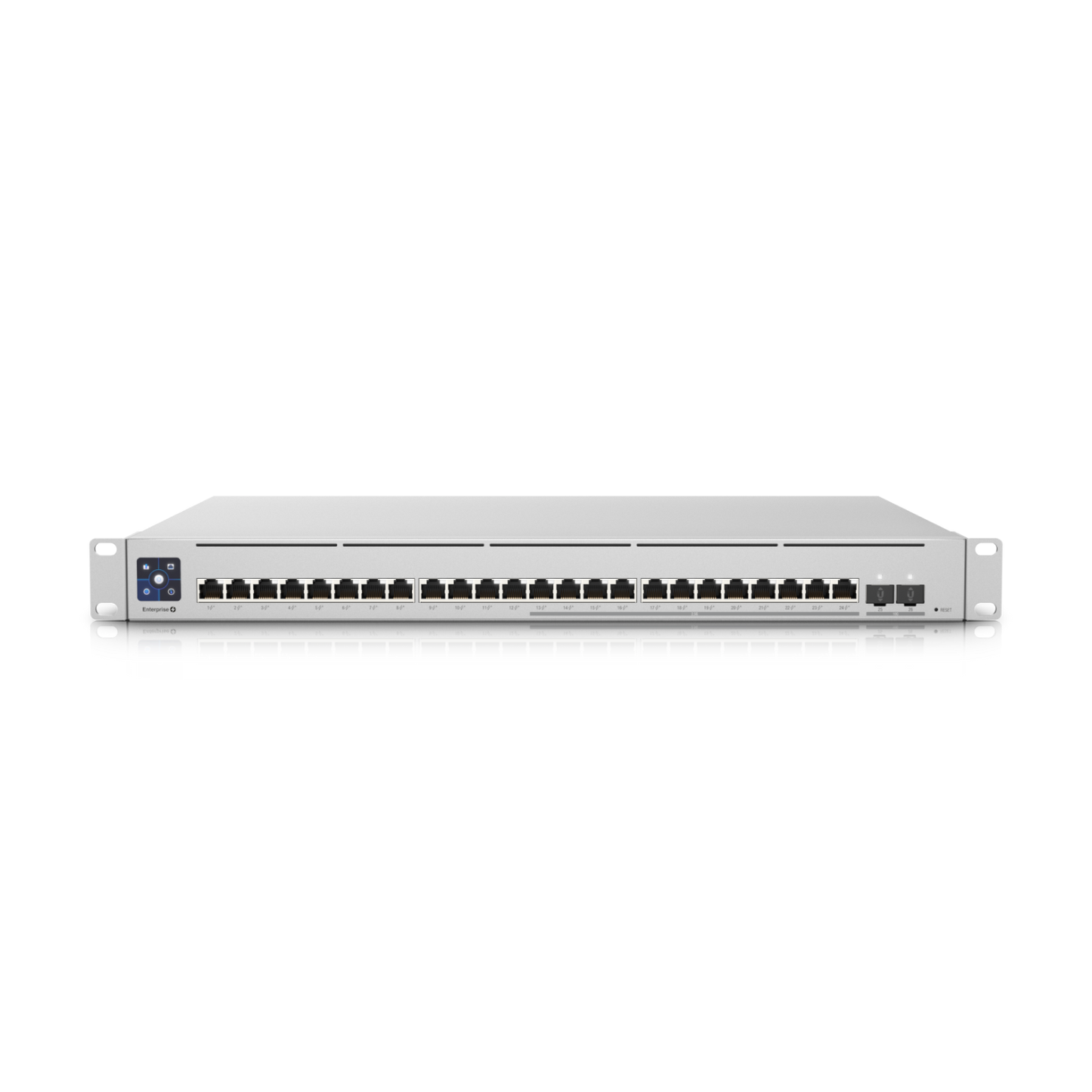 Front view showing 24 RJ45 ports and 4 SFP+ ports on the Ubiquiti USW Enterprise 24 PoE switch