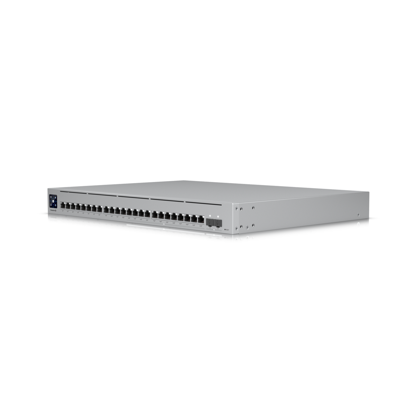Angled side view of the Ubiquiti USW Enterprise 24 PoE switch highlighting the port layout