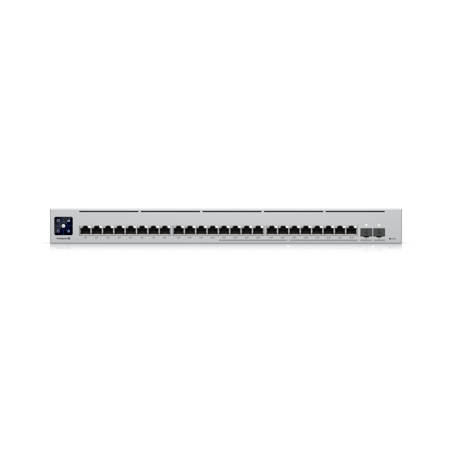 Close-up front view of the top row of 24 Gigabit RJ45 PoE+ ports