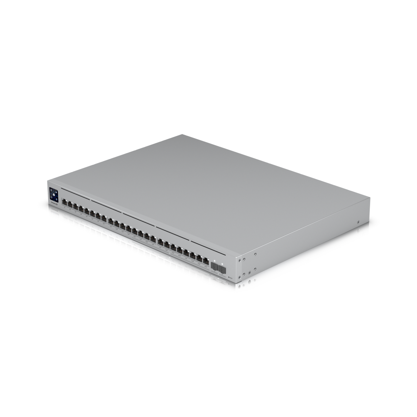Angled top-down view of the switch showing full front panel and side profile