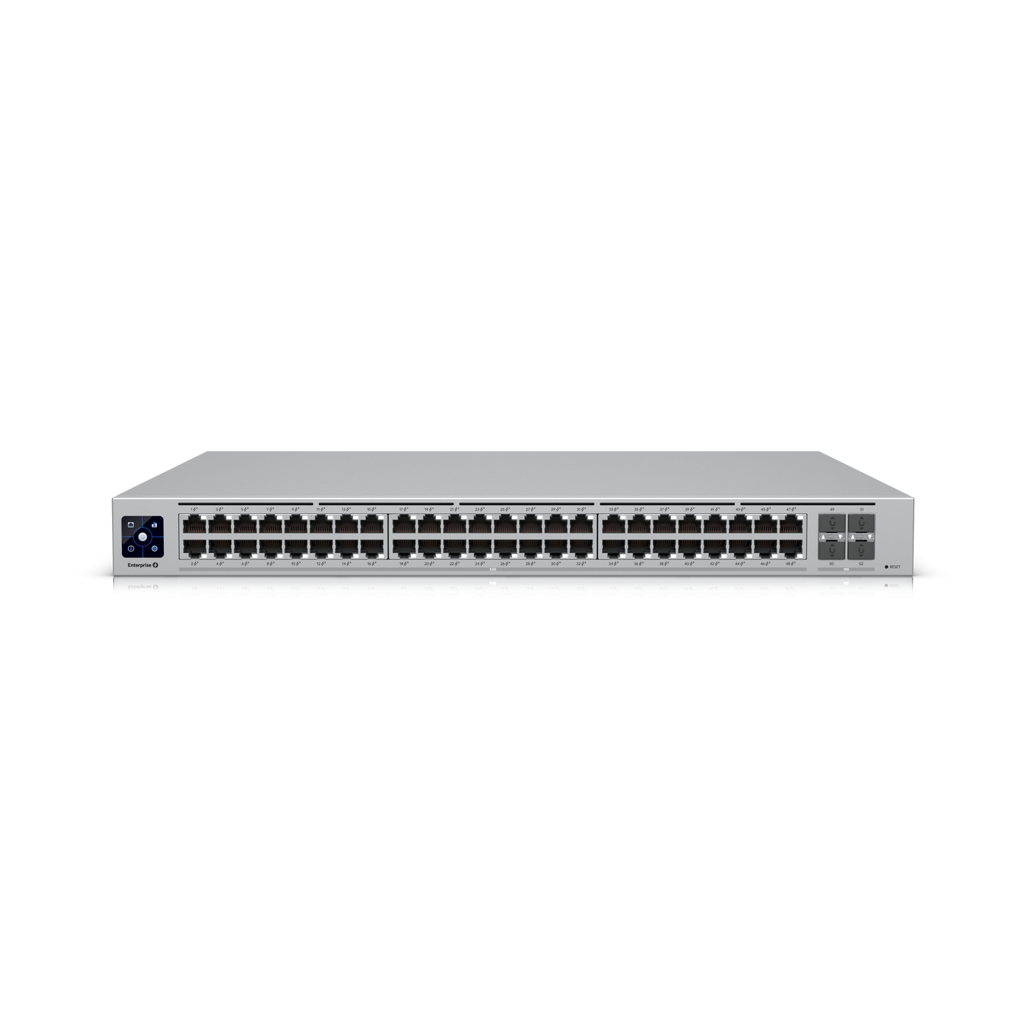 Front view of Ubiquiti Enterprise 48-Port 2.5 GbE PoE+ Layer 3 Switch with SFP+ uplinks