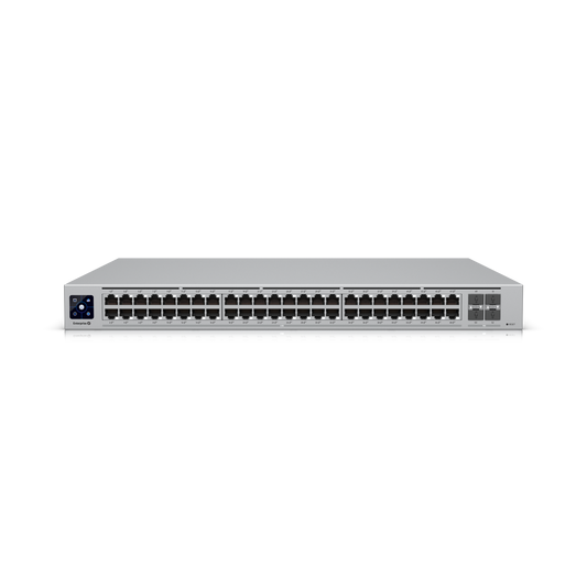 Front view of Ubiquiti Enterprise 48-Port 2.5 GbE PoE+ Layer 3 Switch with SFP+ uplinks