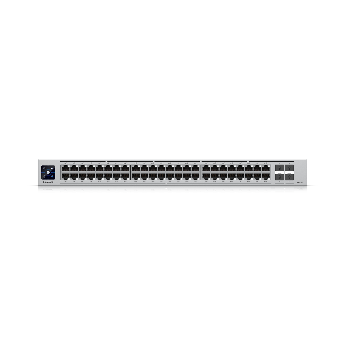 Rackmount front panel of Ubiquiti Enterprise 48-Port PoE+ Layer 3 Switch showing all ports