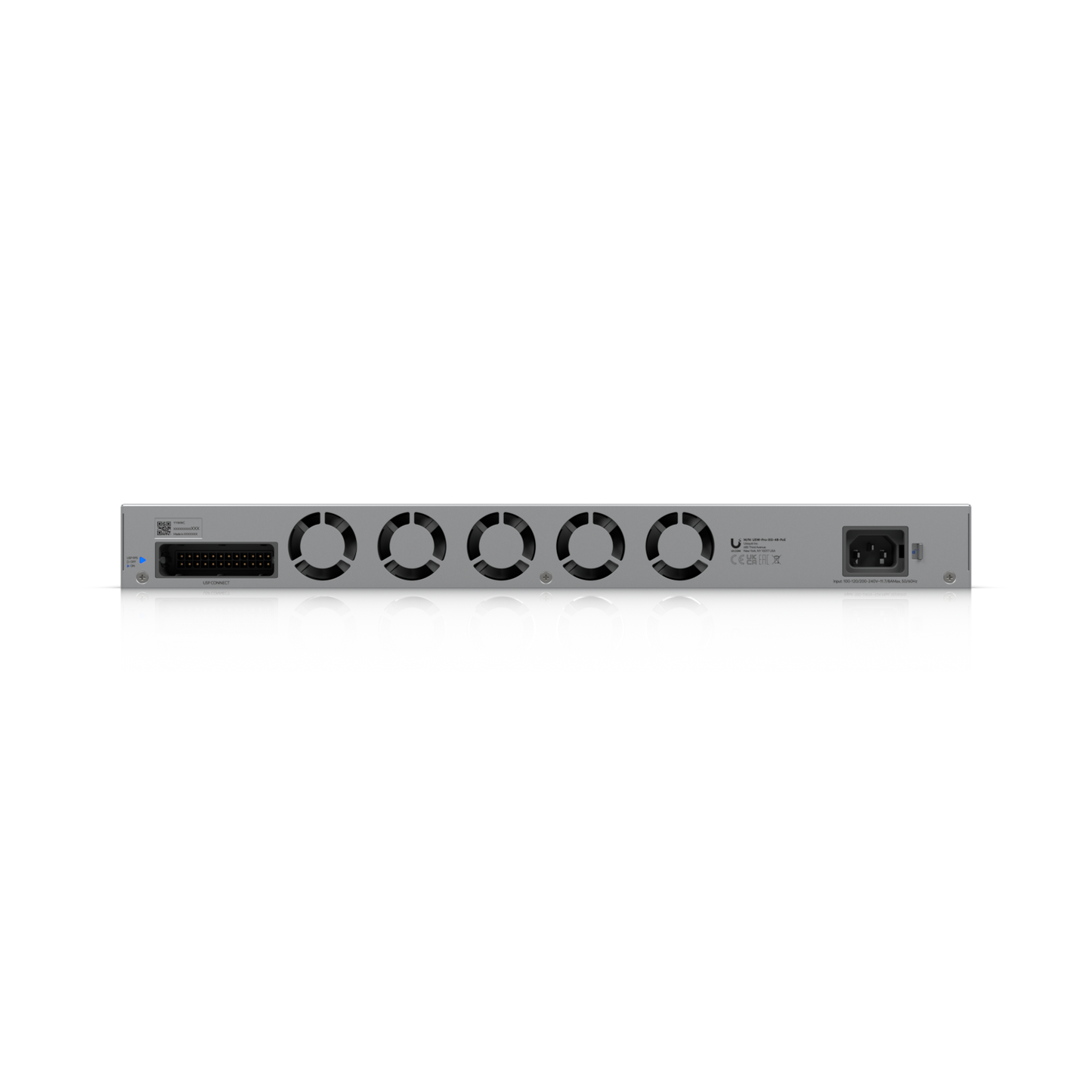 Rear view of Ubiquiti Pro XG 48 PoE switch showing power input, cooling fans, and RPS DC backup port