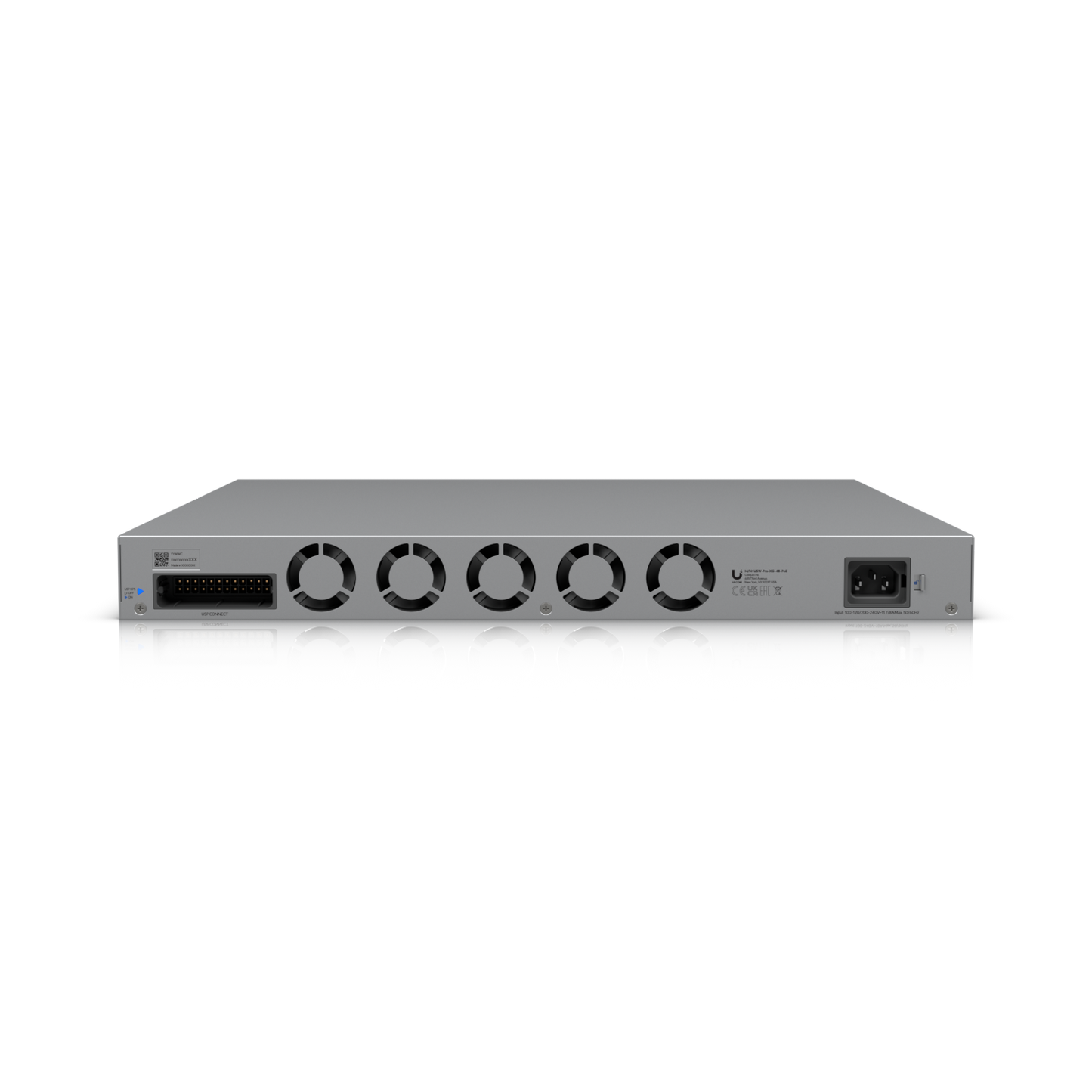 Rear view of Ubiquiti Pro XG 48 PoE switch showing power input, cooling fans, and RPS DC backup port second view