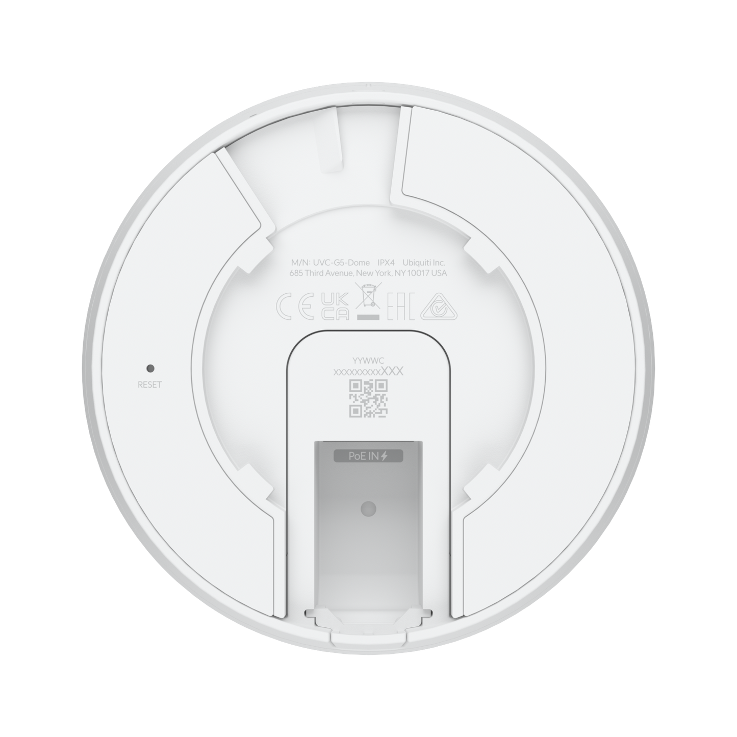 Ubiquiti G5 Dome UVC-G5-Dome – underside with PoE port and reset button