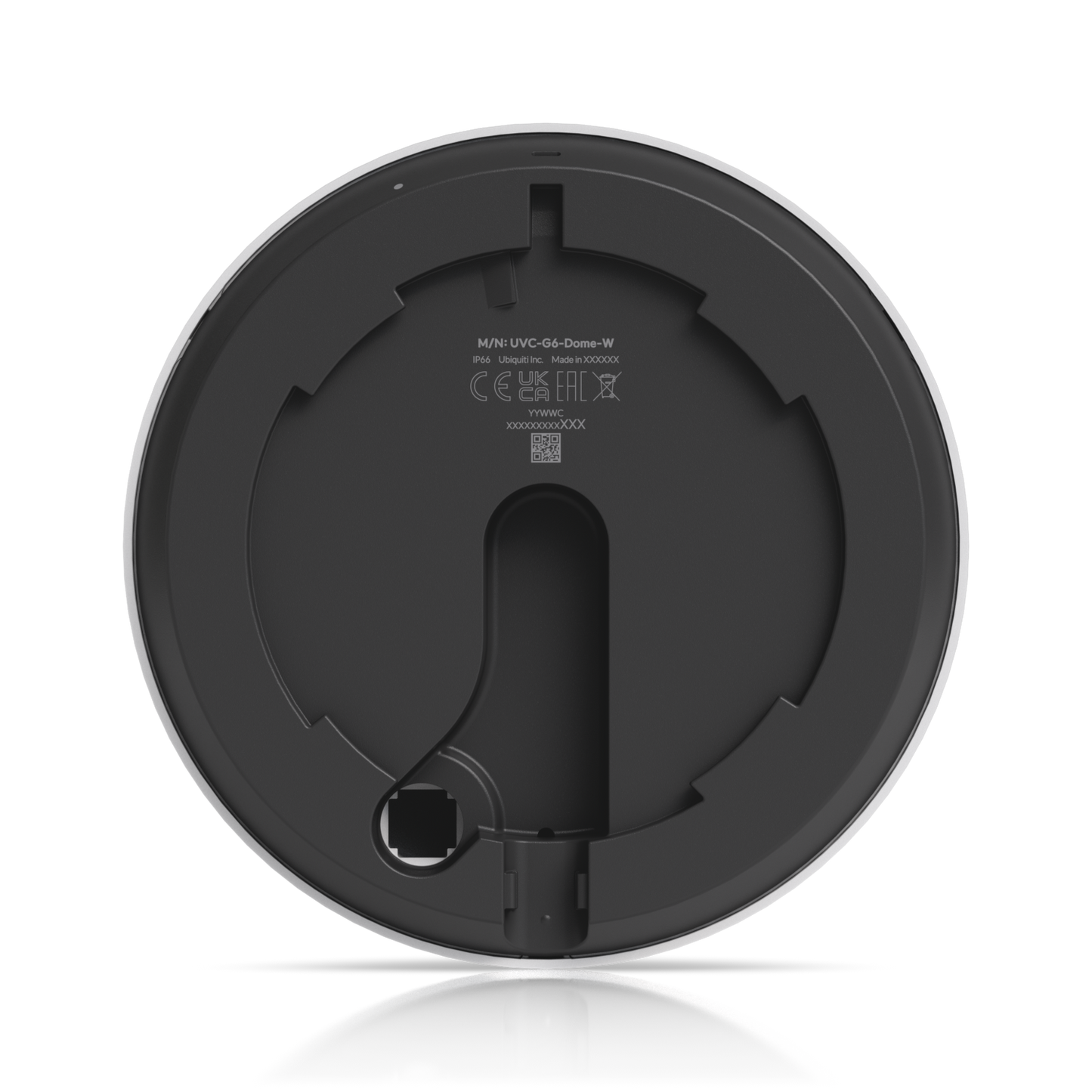 UVC-G6-Dome-W underside view with model information, certification marks, and cable entry port