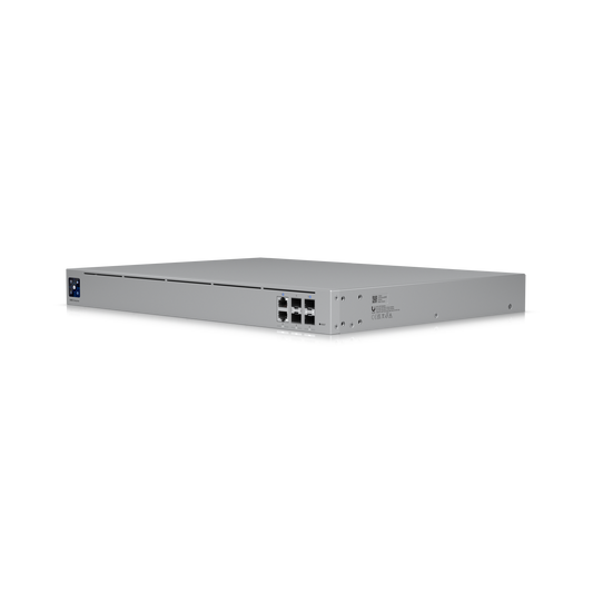 Angled front view of the Ubiquiti UXG-Enterprise gateway showing ports and sleek rackmount design