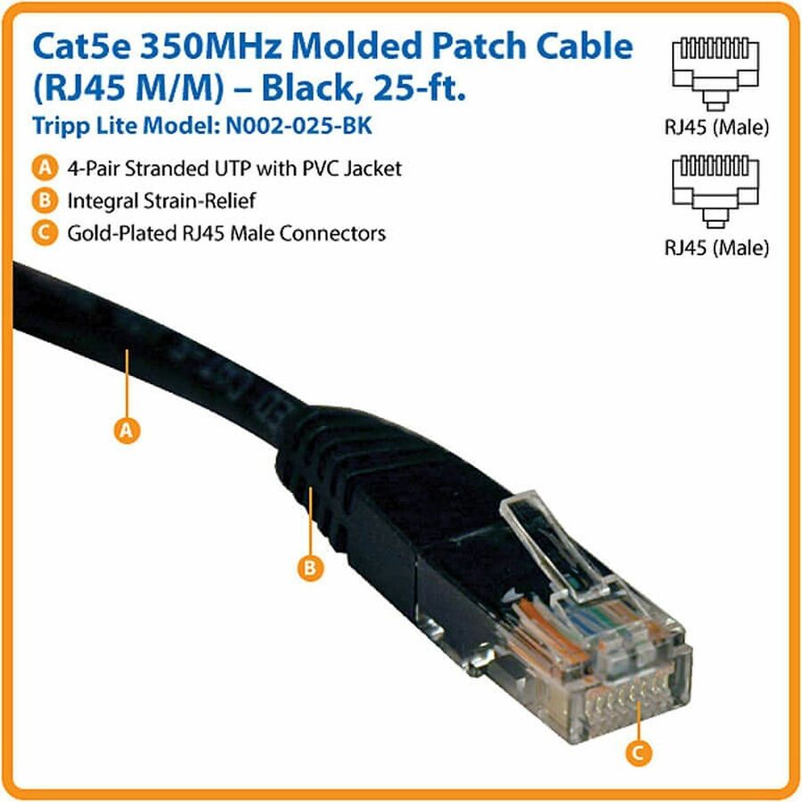Alternate-Image1 Image for Eaton Tripp Lite Series Cat5e 350 MHz Molded (UTP) Ethernet Cable (RJ45 M/M), PoE - Black, 25 ft. (7.62 m)