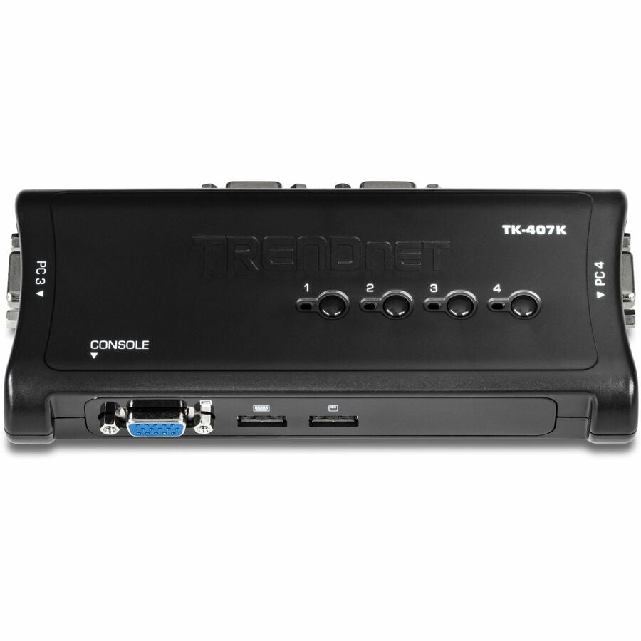 Top Image for TRENDnet 4-Port USB KVM Switch Kit, VGA And USB Connections, 2048 x 1536 Resolution, Cabling Included, Control Up To 4 Computers, Compliant With Window, Linux, and Mac OS, TK-407K