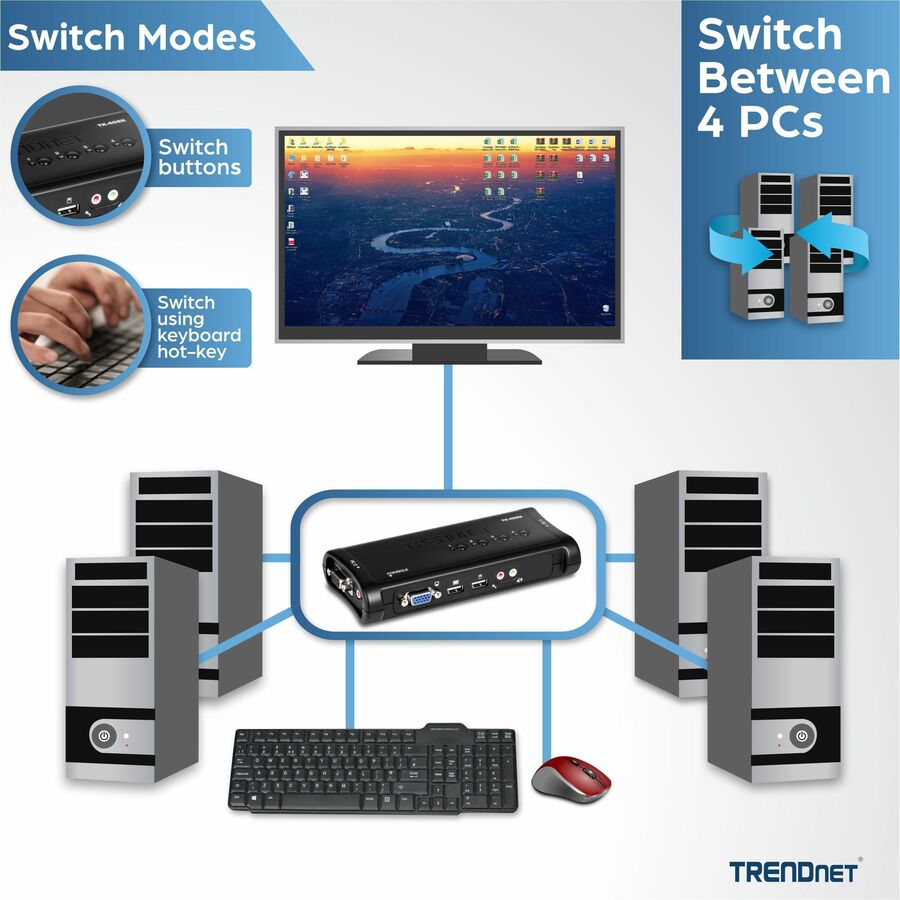 Alternate-Image4 Image for TRENDnet 4-Port USB KVM Switch Kit, VGA And USB Connections, 2048 x 1536 Resolution, Cabling Included, Control Up To 4 Computers, Compliant With Window, Linux, and Mac OS, TK-407K