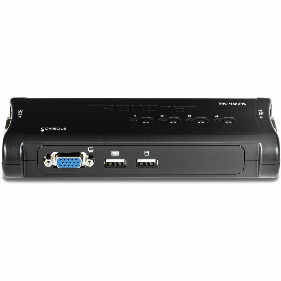 Front Image for TRENDnet 4-Port USB KVM Switch Kit, VGA And USB Connections, 2048 x 1536 Resolution, Cabling Included, Control Up To 4 Computers, Compliant With Window, Linux, and Mac OS, TK-407K