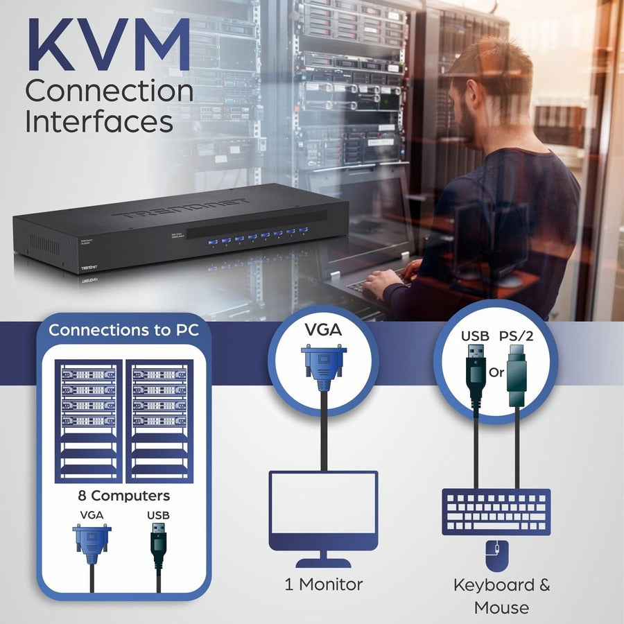 Alternate-Image2 Image for TRENDnet 8-Port USB/PS2 Rack Mount KVM Switch, TK-803R, VGA & USB Connection, Supports USB & PS/2 Connections, Device Monitoring, Auto Scan, Audible Feedback, Control up to 8 Computers/Servers