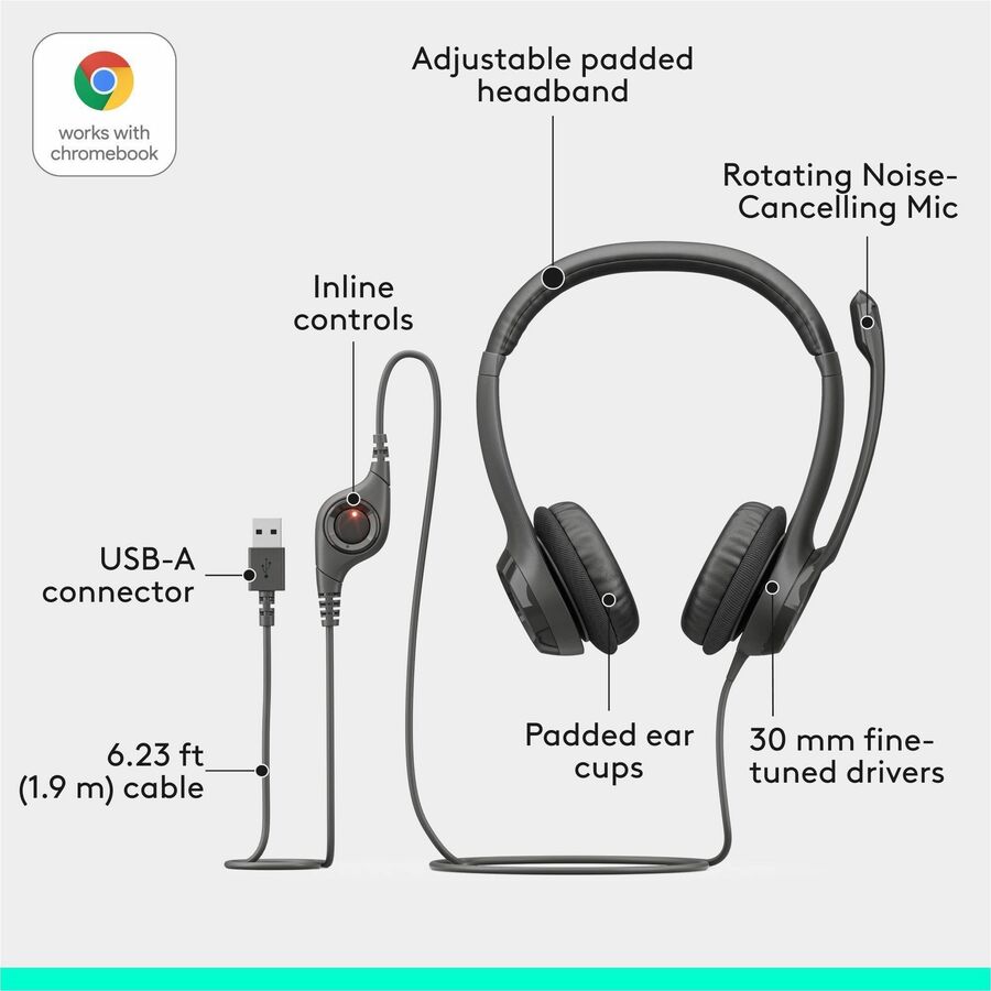 Alternate-Image5 Image for Logitech H390 Wired Headset for PC/Laptop, Stereo Headphones with Noise Cancelling Microphone, USB-A, In-Line Controls, Works with Chromebook