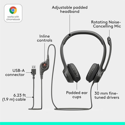 Alternate-Image5 Image for Logitech H390 Wired Headset for PC/Laptop, Stereo Headphones with Noise Cancelling Microphone, USB-A, In-Line Controls, Works with Chromebook