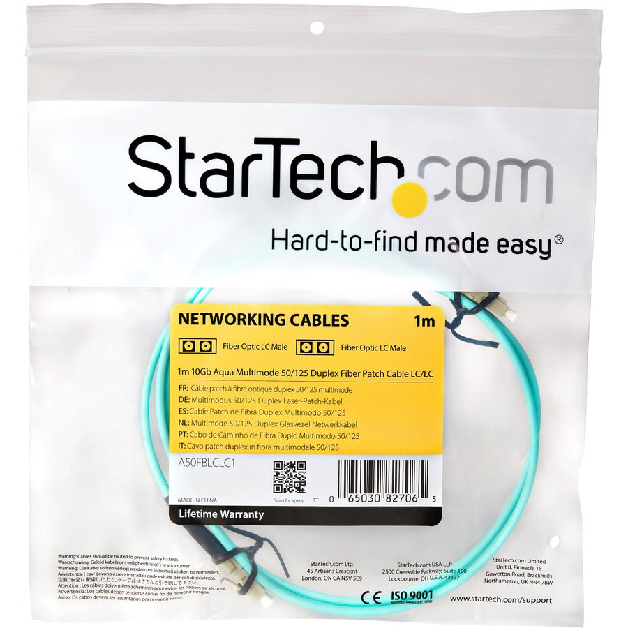 Alternate-Image3 Image for StarTech.com 1m Fiber Optic Cable - 10 Gb Aqua - Multimode Duplex 50/125 - LSZH - LC/LC - OM3 - LC to LC Fiber Patch Cable