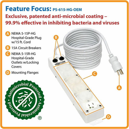 Alternate-Image1 Image for Eaton Tripp Lite Series Safe-IT UL 1363A Medical-Grade Power Strip for Patient-Care Vicinity, 6x15A Hospital-Grade Outlets, Safety Covers, 15 ft. Cord