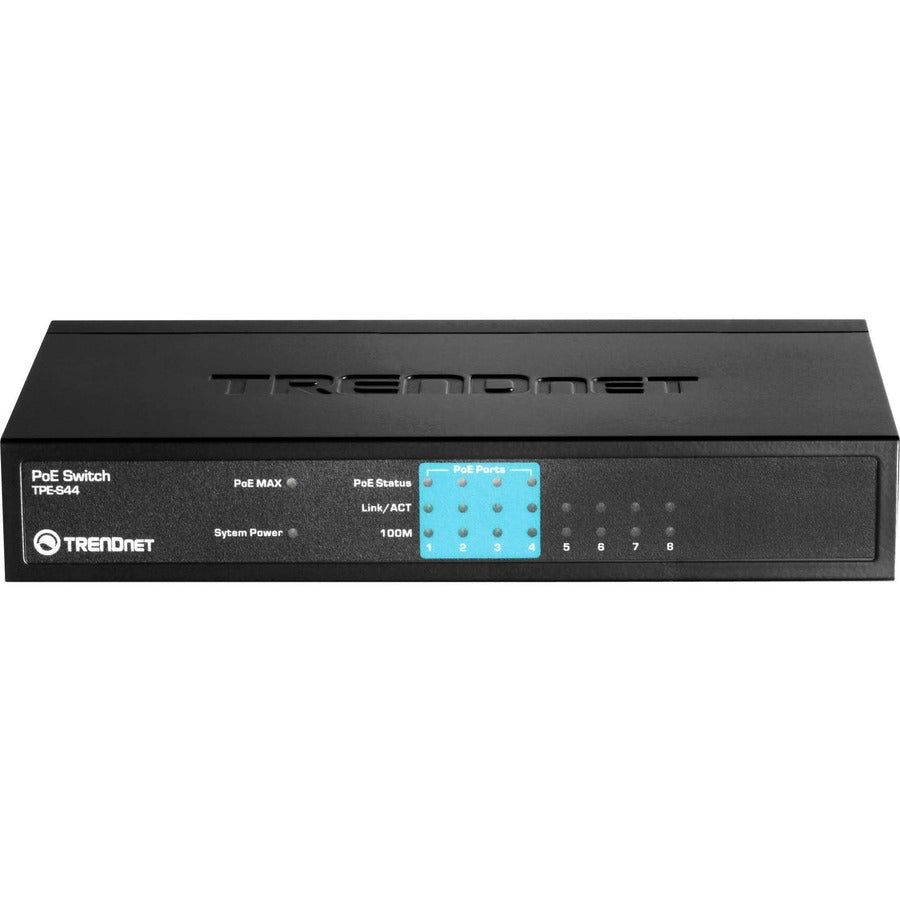Front Image for TRENDnet 8-Port 10/100Mbps PoE Switch, 4 x 10/100 Ports, 4 x 10/100 PoE Ports, 30W PoE Power Budget, 1.6 Gbps Switching Capacity, 802.3af, Limited Lifetime Protection, Black, TPE-S44