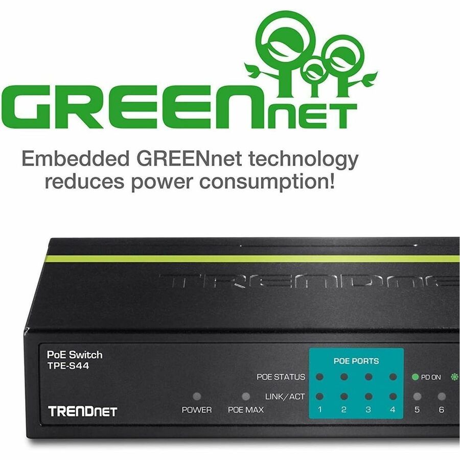Alternate-Image6 Image for TRENDnet 8-Port 10/100Mbps PoE Switch, 4 x 10/100 Ports, 4 x 10/100 PoE Ports, 30W PoE Power Budget, 1.6 Gbps Switching Capacity, 802.3af, Limited Lifetime Protection, Black, TPE-S44