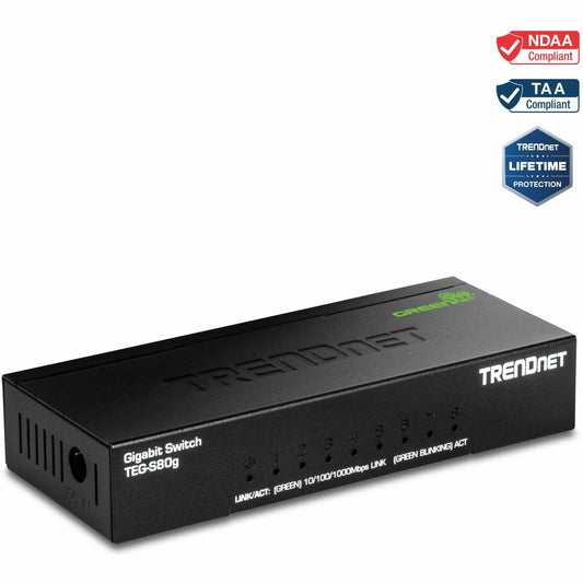 Main Image for TRENDnet 8-Port Mini Gigabit Switch, TEG-S80g, GREENnet Technology, NDAA + TAA Compliant, Desktop Metal Ethernet Network Switch, 8 x Gigabit Ports, Fanless, Lifetime Protection, Black