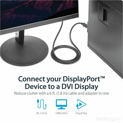 Alternate-Image1 Image for StarTech.com 6ft (1.8m) DisplayPort to DVI Cable, DisplayPort to DVI Adapter Cable, DP to DVI-D Converter, Replaced by DP2DVI2MM6