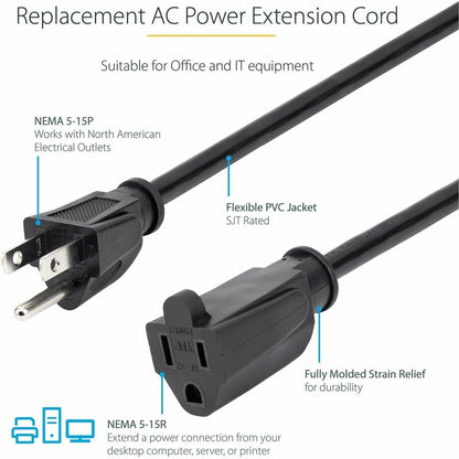 Alternate-Image2 Image for StarTech.com 10ft (3m) Power Extension Cord, NEMA5-15R to NEMA5-15P Black Extension Cord, 13A 125V, 16AWG, Computer Power Extension Cable