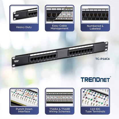 Alternate-Image1 Image for TRENDnet 16-Port Cat6 Unshielded Patch Panel, Wallmount Or Rackmount, 1U 19" , Cat3,Cat4,Cat5,Cat5e,Cat6 Compatible, 250Mhz Connection, Ideal For Copper Gigabit Ethernet Connections, Black, TC-P16C6