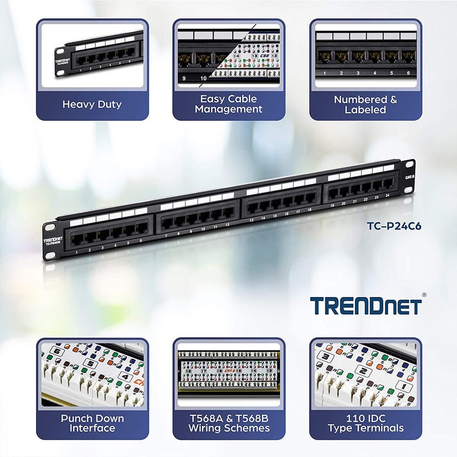 Alternate-Image1 Image for TRENDnet 24-Port Cat6 Unshielded Patch Panel, Wallmount or Rackmount, Compatible with Cat3,4,5,5e,6 Cabling, For Ethernet, Fast Ethernet, Gigabit Applications, Black, TC-P24C6