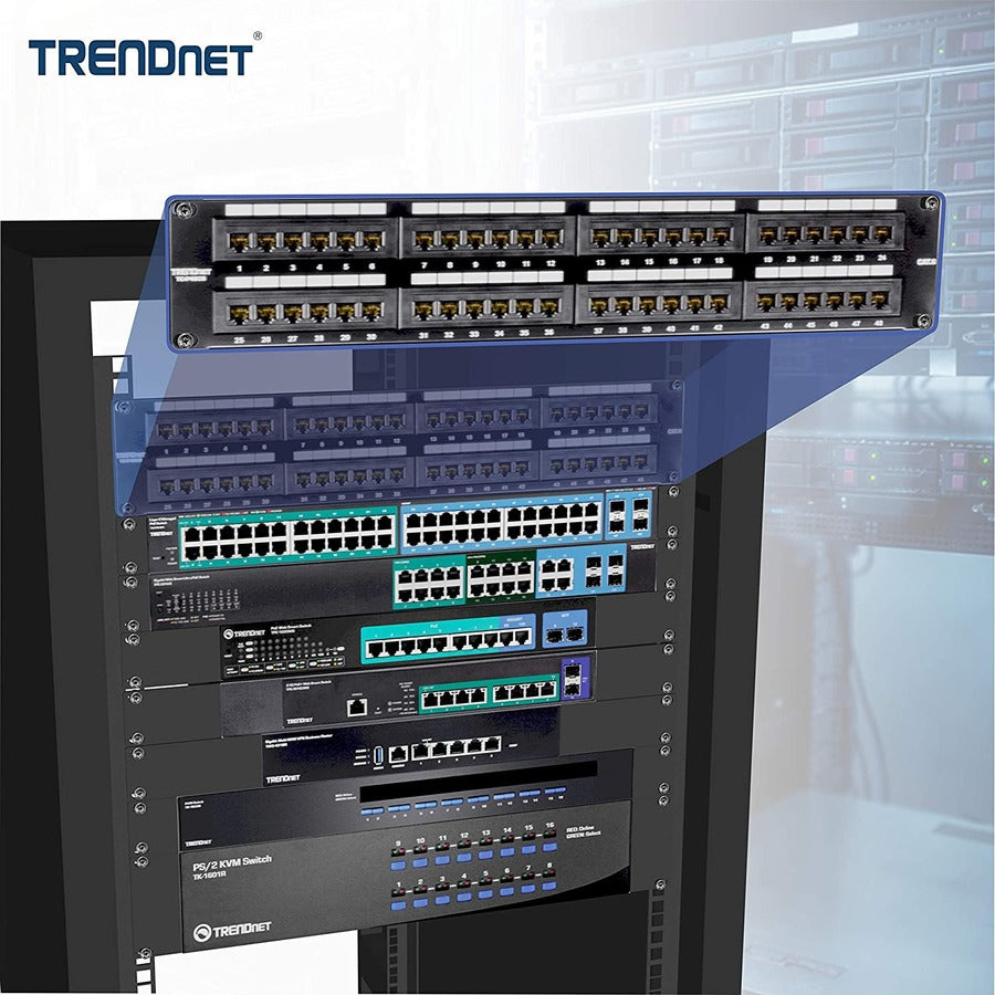 Alternate-Image2 Image for TRENDnet 48-Port Cat6 Unshielded Patch Panel, Wallmount Or Rackmount, Compatible With Cat3,4,5,5e,6 Cabling, For Ethernet, Fast Ethernet, Gigabit Applications, Black, TC-P48C6