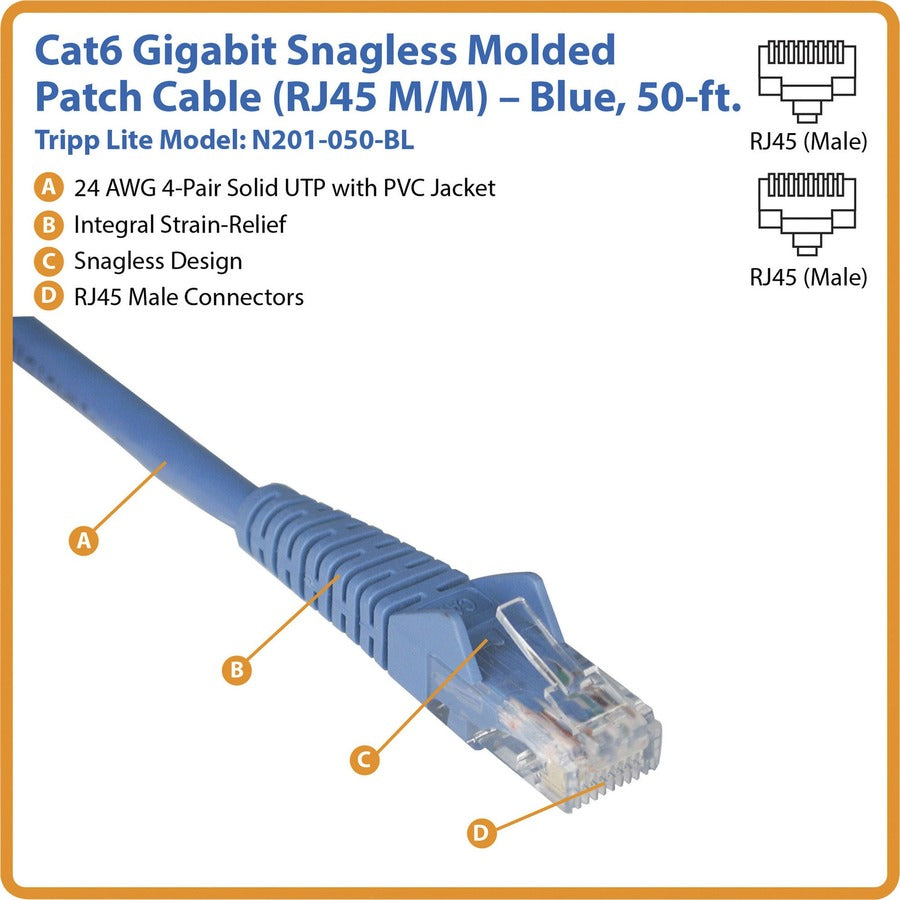 Alternate-Image1 Image for Eaton Tripp Lite Series Cat6 Gigabit Snagless Molded (UTP) Ethernet Cable (RJ45 M/M), PoE, Blue, 50 ft. (15.24 m)