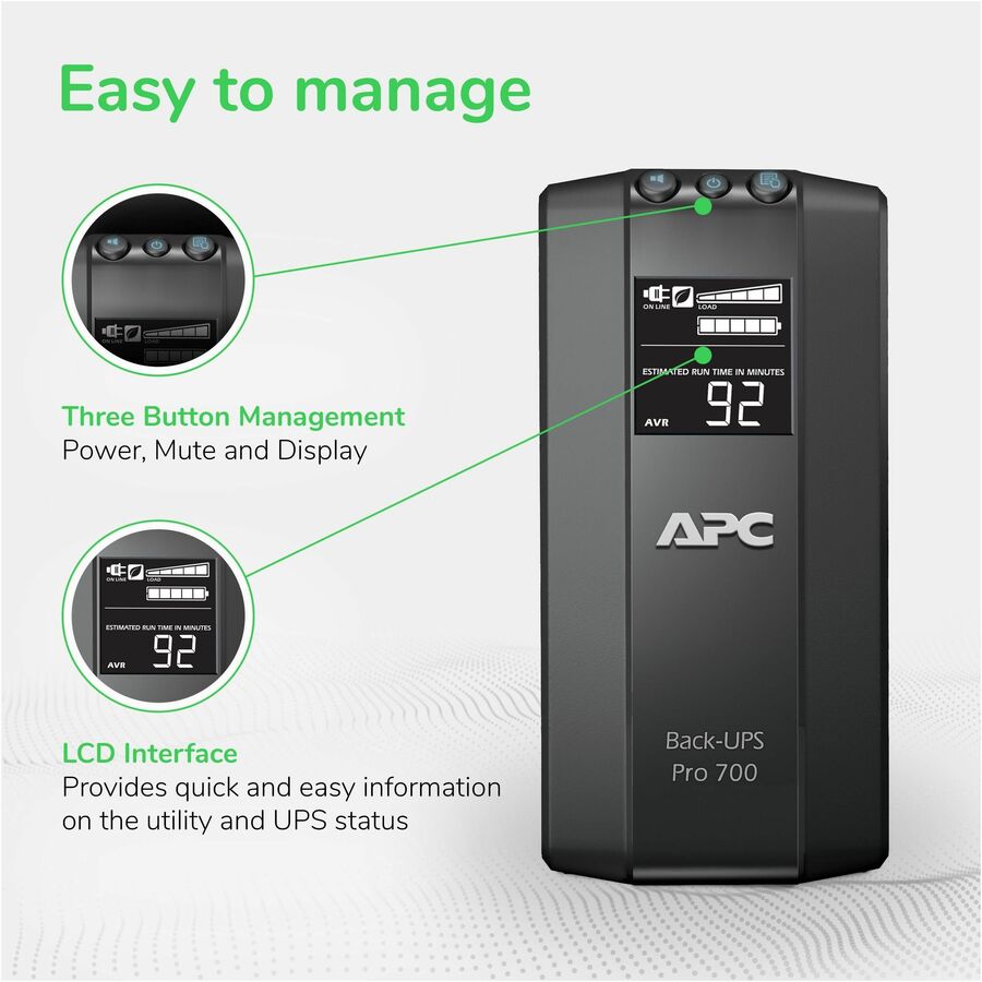 Alternate-Image3 Image for APC Back-UPS Pro, 700VA/420W, Tower, 120V, 6x NEMA 5-15R outlets, AVR, LCD, User Replaceable Battery