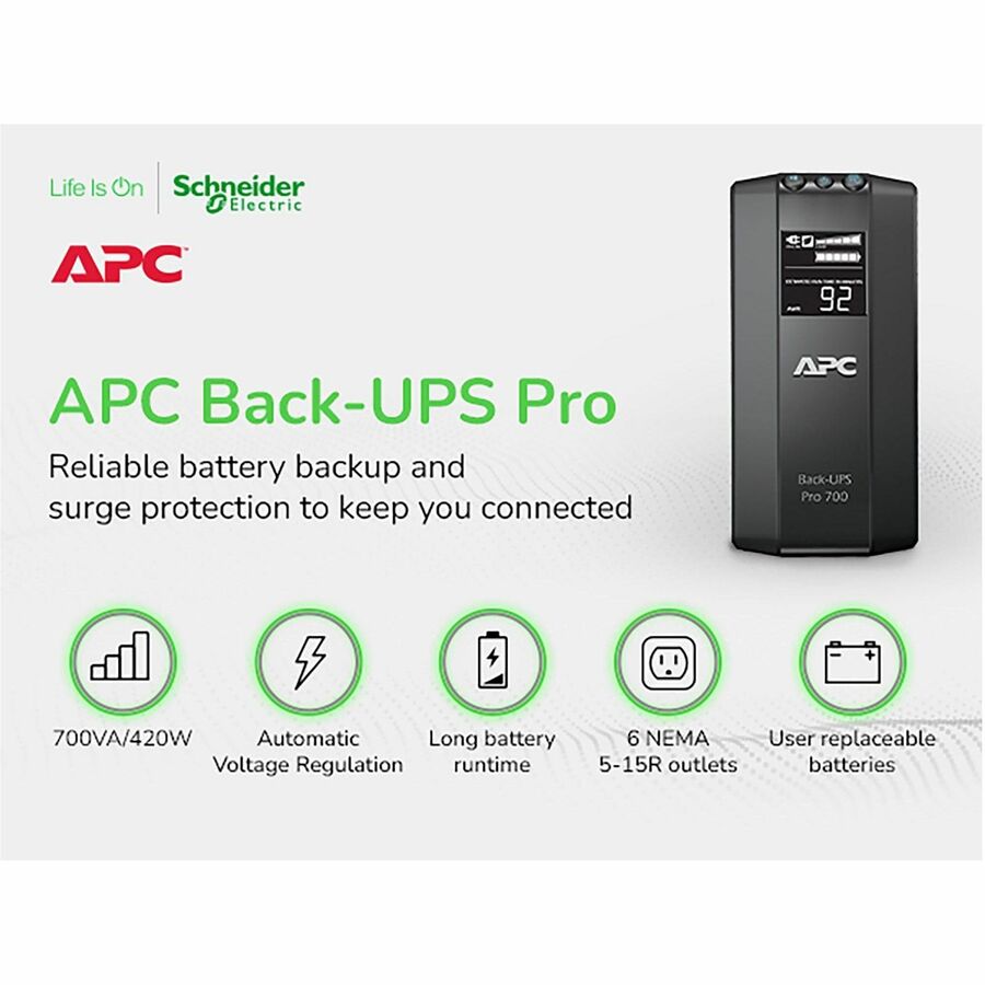 Alternate-Image1 Image for APC Back-UPS Pro, 700VA/420W, Tower, 120V, 6x NEMA 5-15R outlets, AVR, LCD, User Replaceable Battery