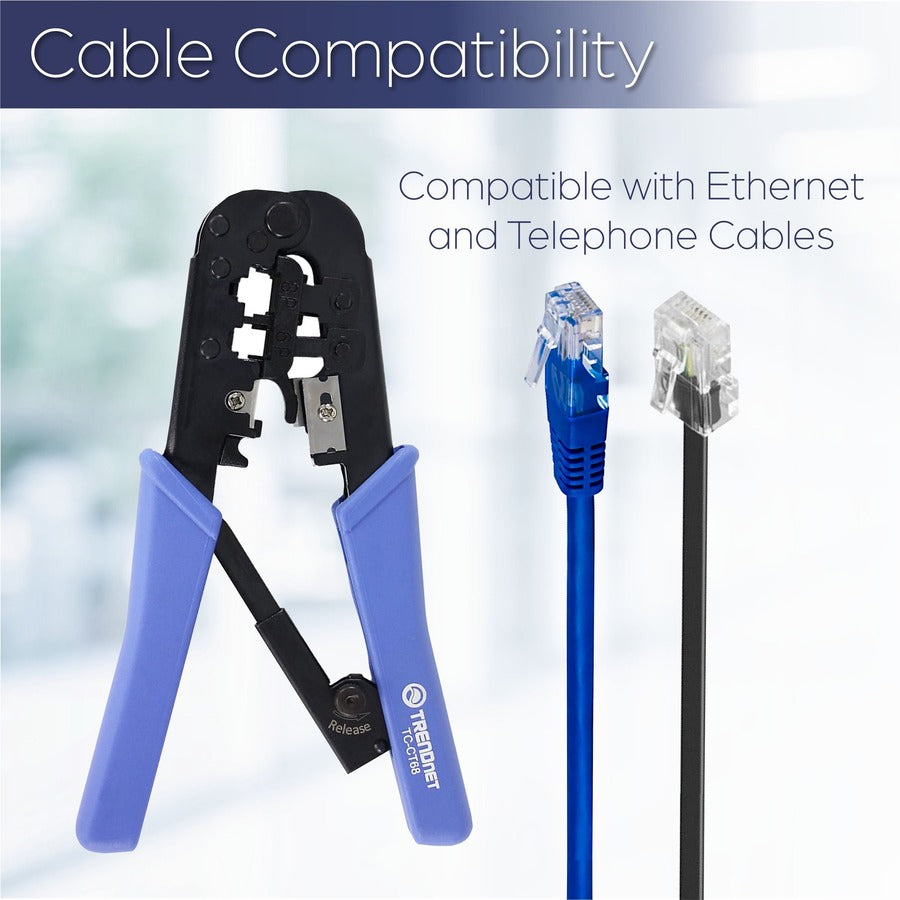 Alternate-Image2 Image for TRENDnet Crimping Tool, Crimp, Cut, And Strip Tool, For Any Ethernet or Telephone Cable, Built-In Cutter And Stripper, 8P-RJ-45 And 6P-RJ-12, RJ-11, All Steel Construction, Black, TC-CT68