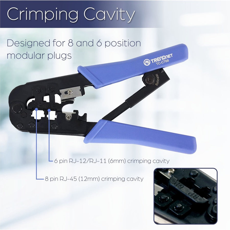 Alternate-Image3 Image for TRENDnet Crimping Tool, Crimp, Cut, And Strip Tool, For Any Ethernet or Telephone Cable, Built-In Cutter And Stripper, 8P-RJ-45 And 6P-RJ-12, RJ-11, All Steel Construction, Black, TC-CT68